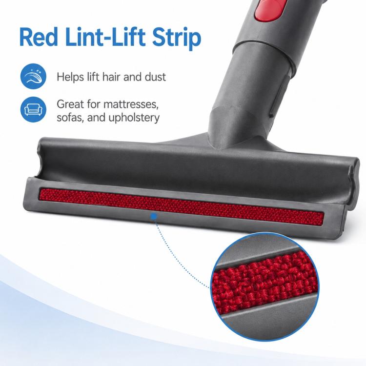 Wide flat nozzle brush head with red lint-lift strip and dense bristles