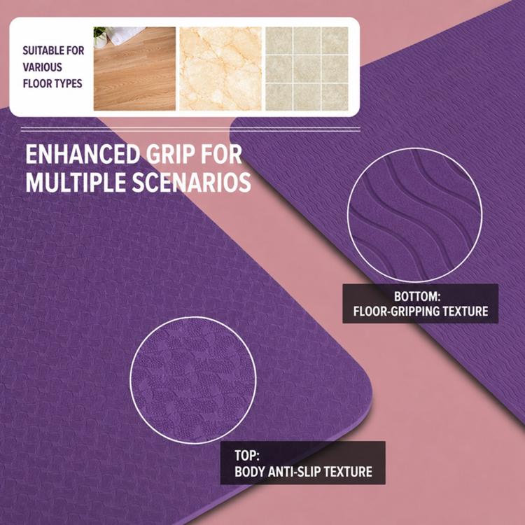 Purple non-slip yoga mat with textured grip patterns on top and bottom