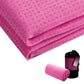 Rose pink yoga towel, folded and rolled end showing soft textured non-slip surface.