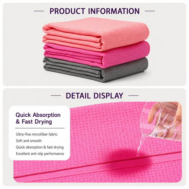 Stack of pink and grey yoga towels, showing textured microfiber surface.