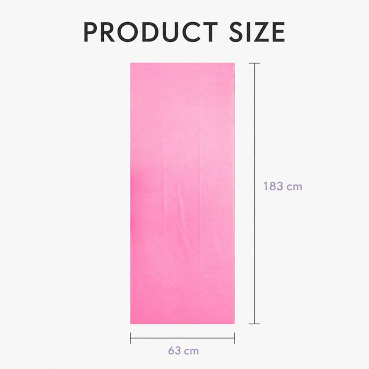Pink yoga towel layout with size 63 x 183 cm reference.