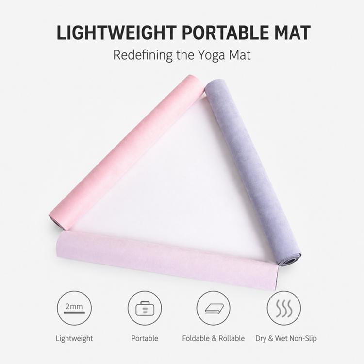 Lightweight portable yoga mat: rolled pink and lavender microfiber suede, non-slip