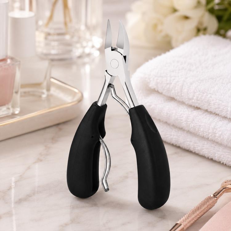 Stainless steel nail nipper with black non-slip handles and curved eagle-beak tips
