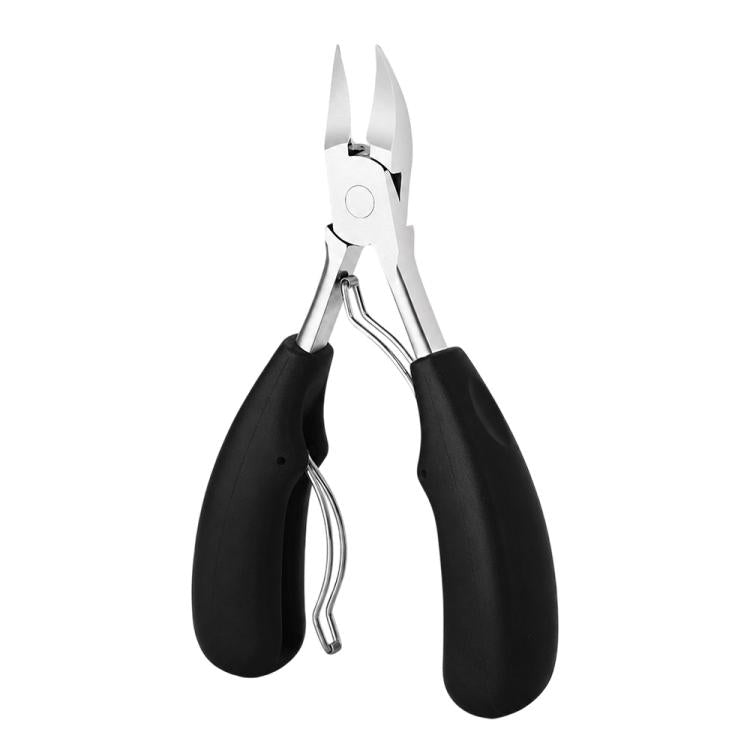 Stainless steel nail nipper with black grips and pointed eagle-beak cutting tips