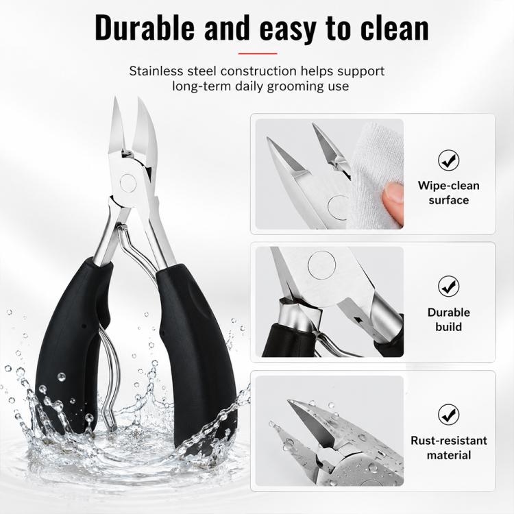 Stainless steel nail clipper with curved blades and black comfort-grip handles