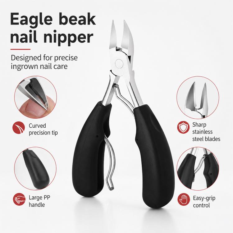 Stainless steel nail nipper with curved precision tips and black ergonomic handles