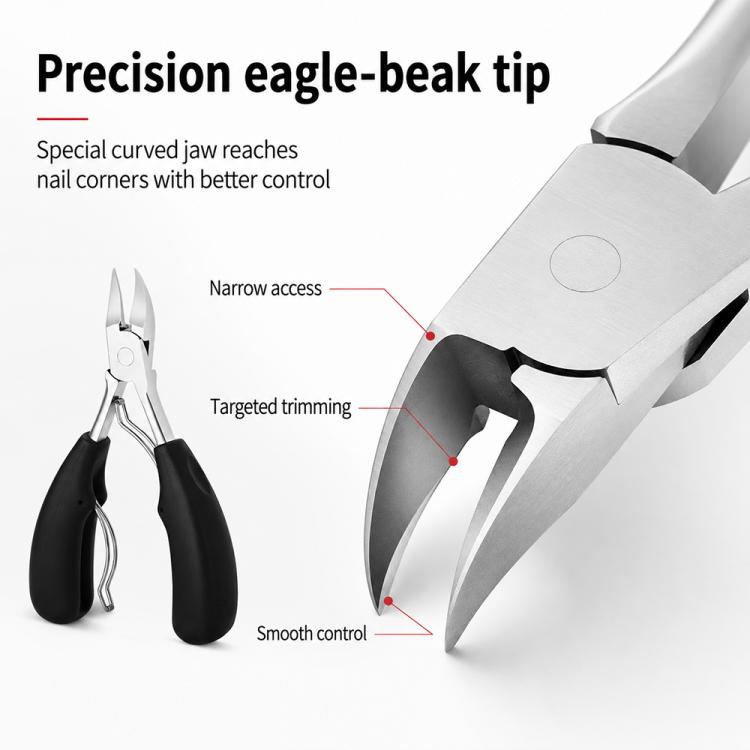 Stainless steel precision eagle-beak nail nipper tip with black handle grips