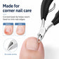 Stainless steel corner nail nipper trimming a fingernail edge with black handle grips