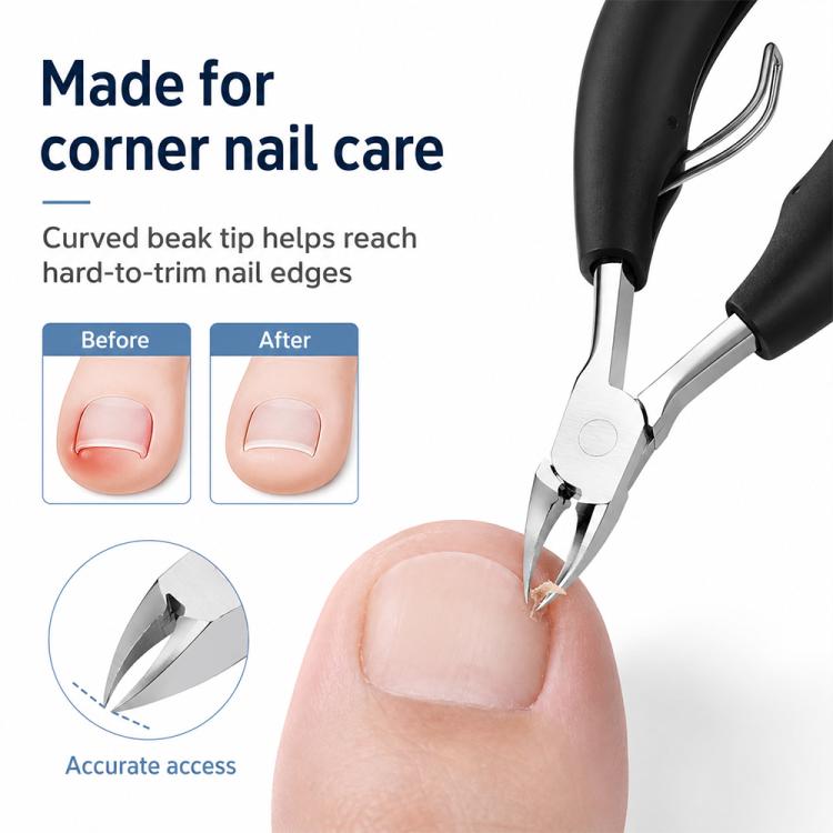 Stainless steel corner nail nipper trimming a fingernail edge with black handle grips