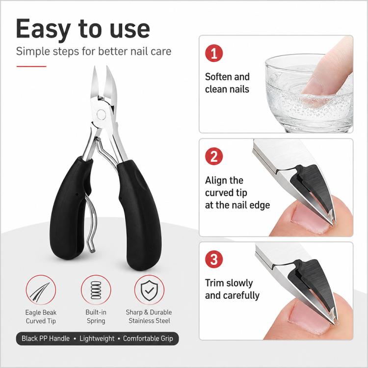 Stainless steel nail nipper for careful trimming with black grip handles