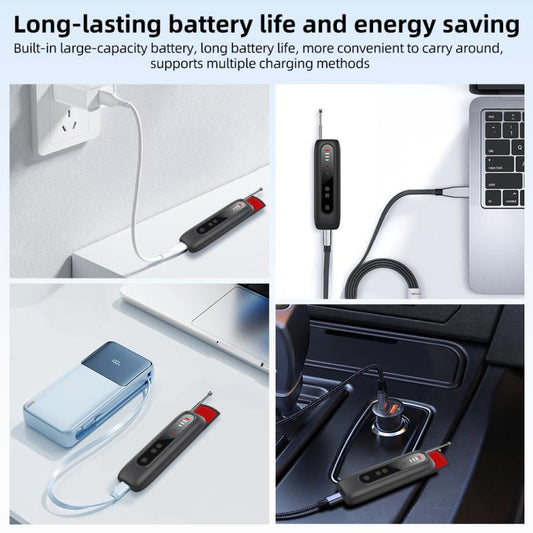 Handheld signal detector with charging cable and ports, shown near electronics