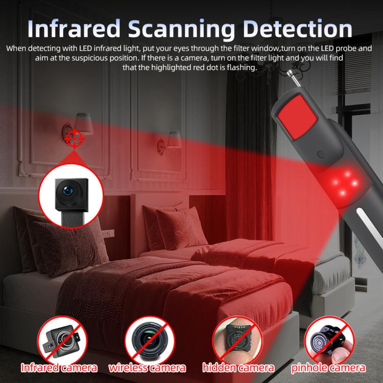 Handheld infrared scanner emitting red scanning beam with device tip visible