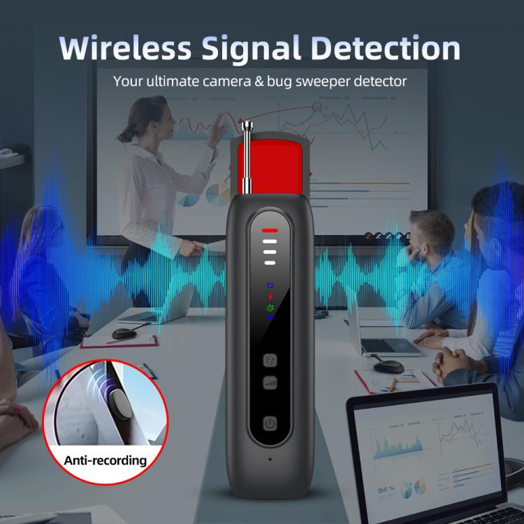 Handheld signal detector standing in a room with blue waveform overlay