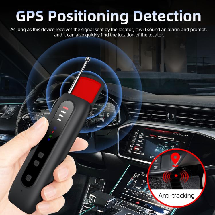 Handheld signal detector with red top in car, used for GPS positioning detection