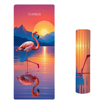 Printed yoga mat with flamingo and sunset landscape, dark purple non-slip design.