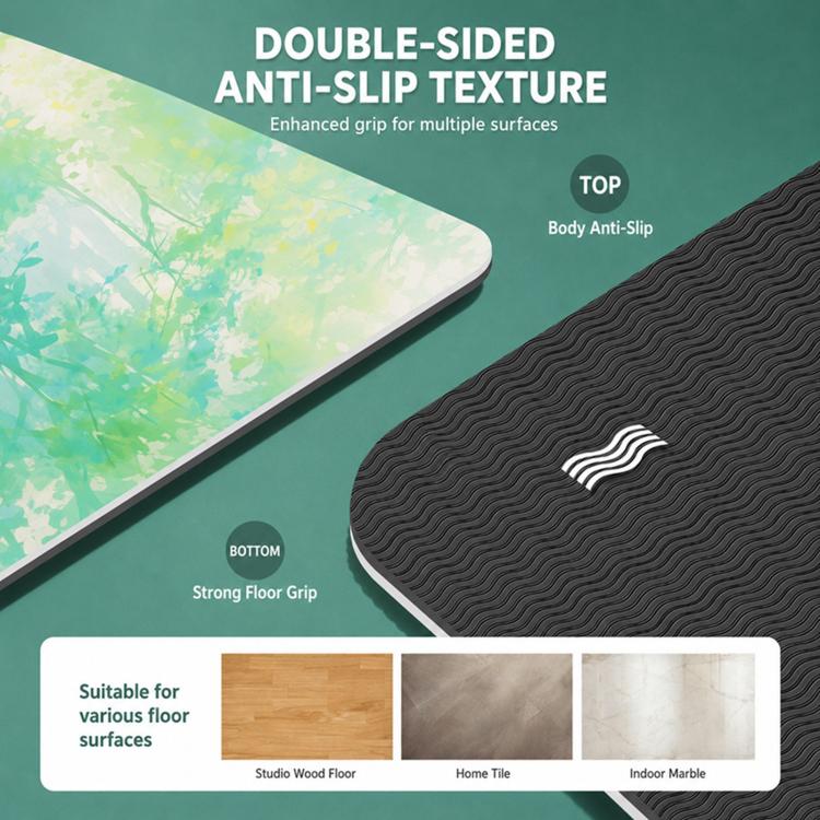 Double-sided yoga mat with printed top and ribbed anti-slip bottom texture.