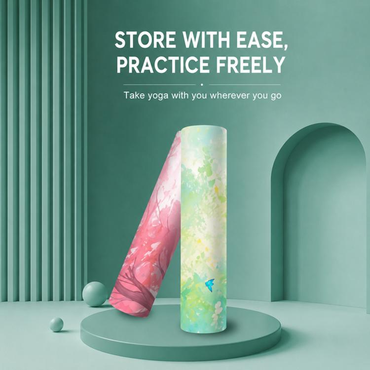 Pastel patterned yoga mat roll with thick, textured anti-slip surface