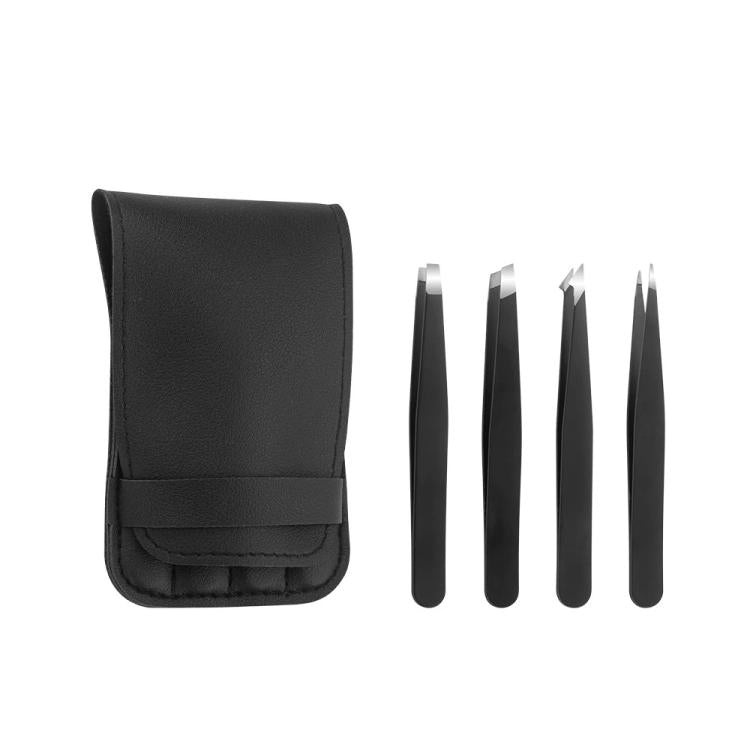 Black PU pouch and four precision metal eyebrow tweezers, travel kit
