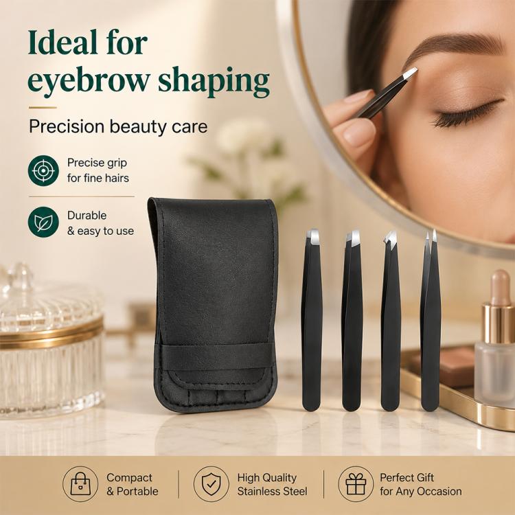 Eyebrow shaping tweezer set with black PU leather pouch and 4 stainless steel tweezers