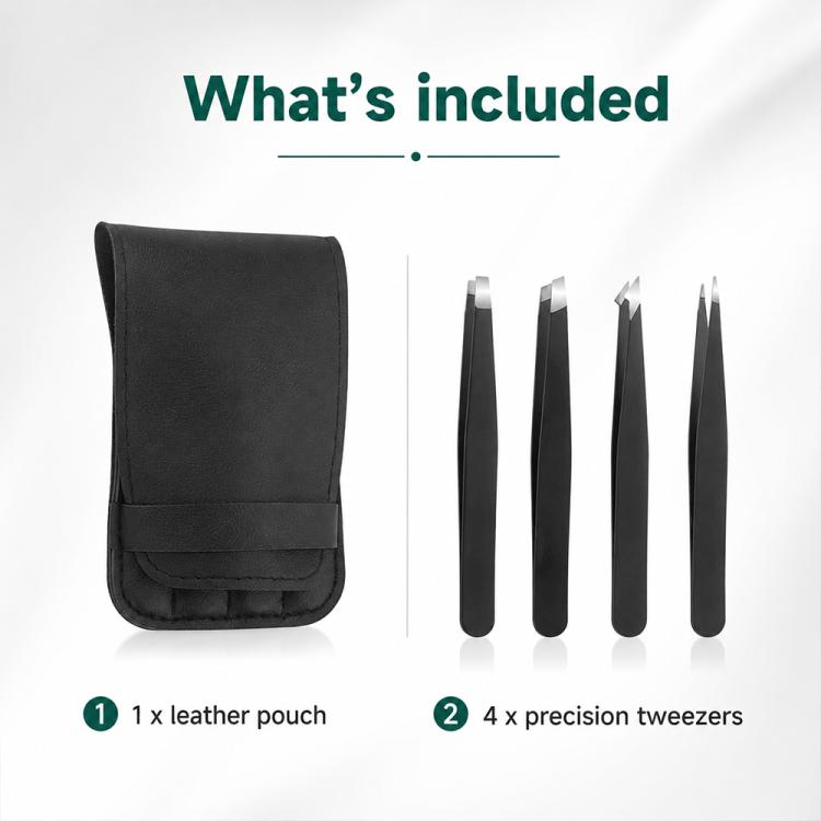 Black leather pouch containing four precision metal eyebrow tweezers