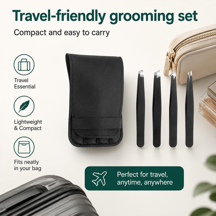 Travel grooming set: black PU pouch with four metal eyebrow tweezers