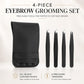 4-piece eyebrow grooming set with black PU pouch and four precision tweezers