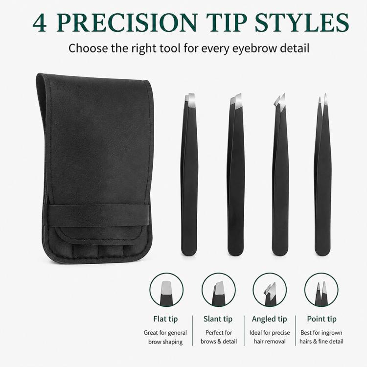 Black pouch with four precision eyebrow tweezers showing different tip styles
