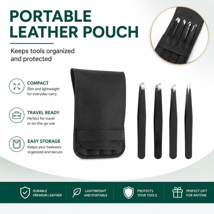 Portable black PU leather pouch with four eyebrow tweezers and compact design
