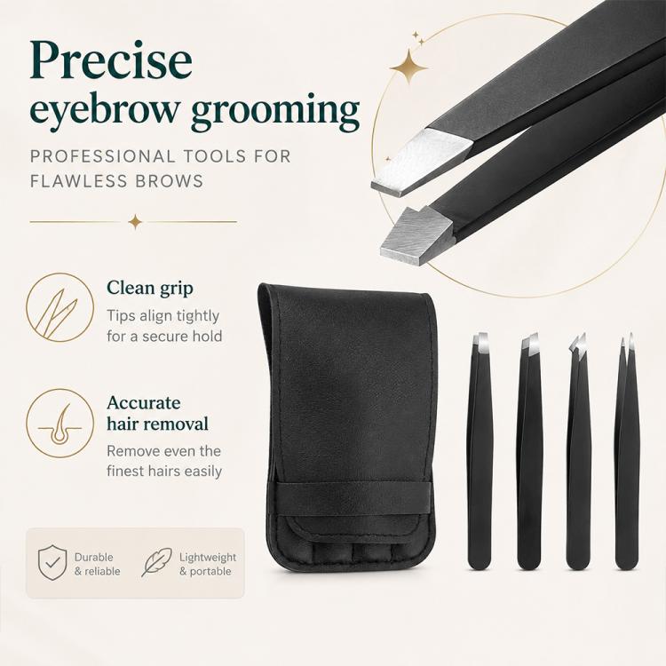 Precise eyebrow grooming kit: black PU pouch with four metal tweezers