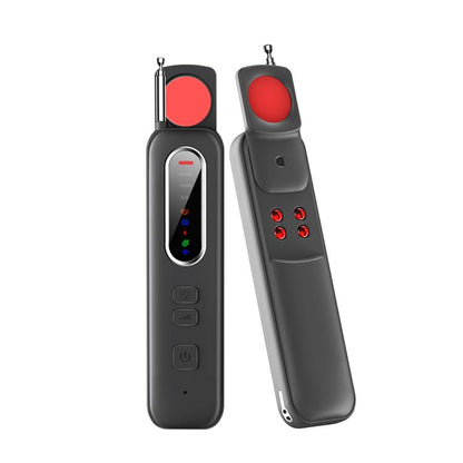 Handheld RF signal detector with red circular sensor and indicator screen, two units shown