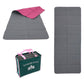 Foldable travel yoga mat in light gray with pink fold-over cover
