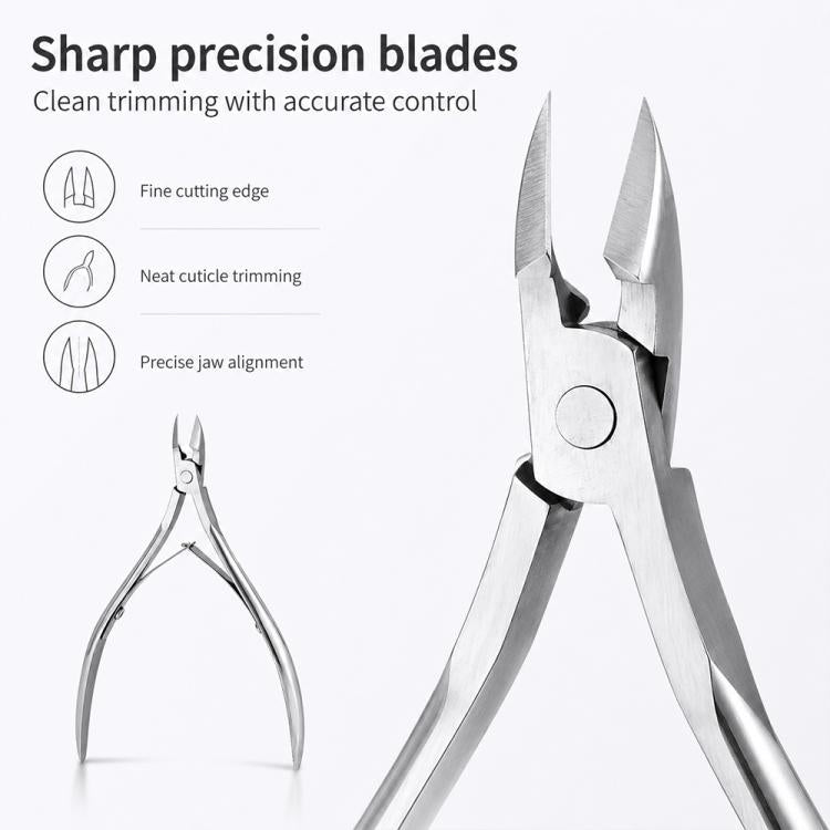 Stainless steel cuticle nipper with sharp precision blades, angled view