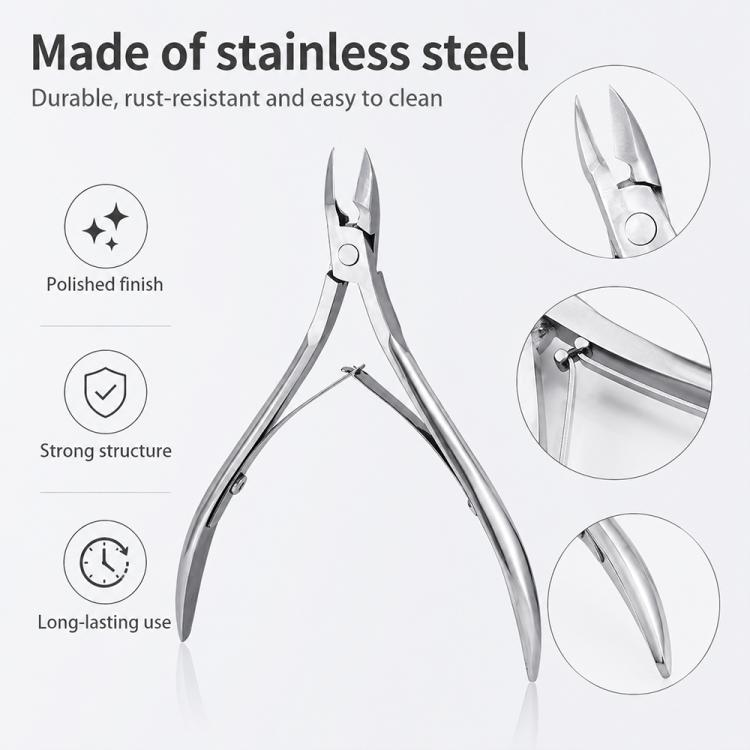 Stainless steel cuticle nipper with polished finish and curved cutting jaws