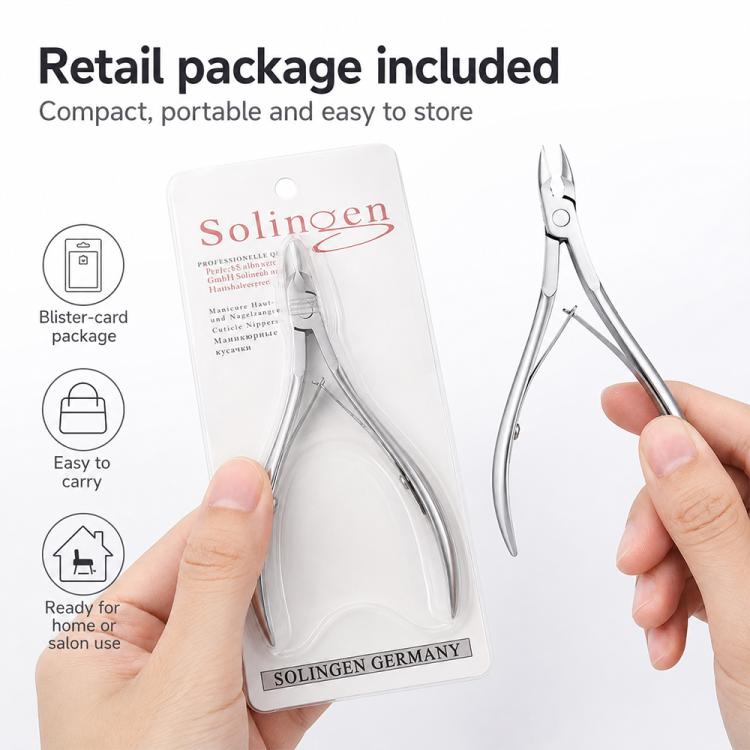 Solingen cuticle nipper shown with blister package and hand gripping handle