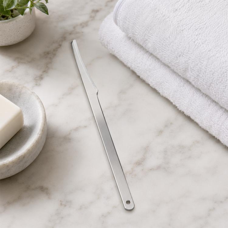 Stainless steel heel callus scraper with curved blade and round hanging hole