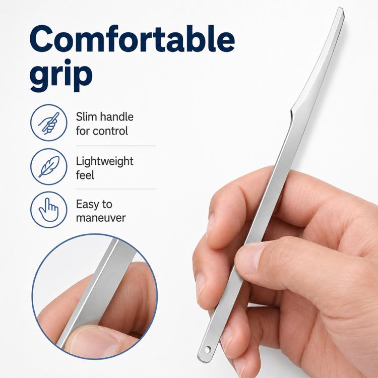 Stainless steel foot scraper held in hand with curved blade and round hanging hole
