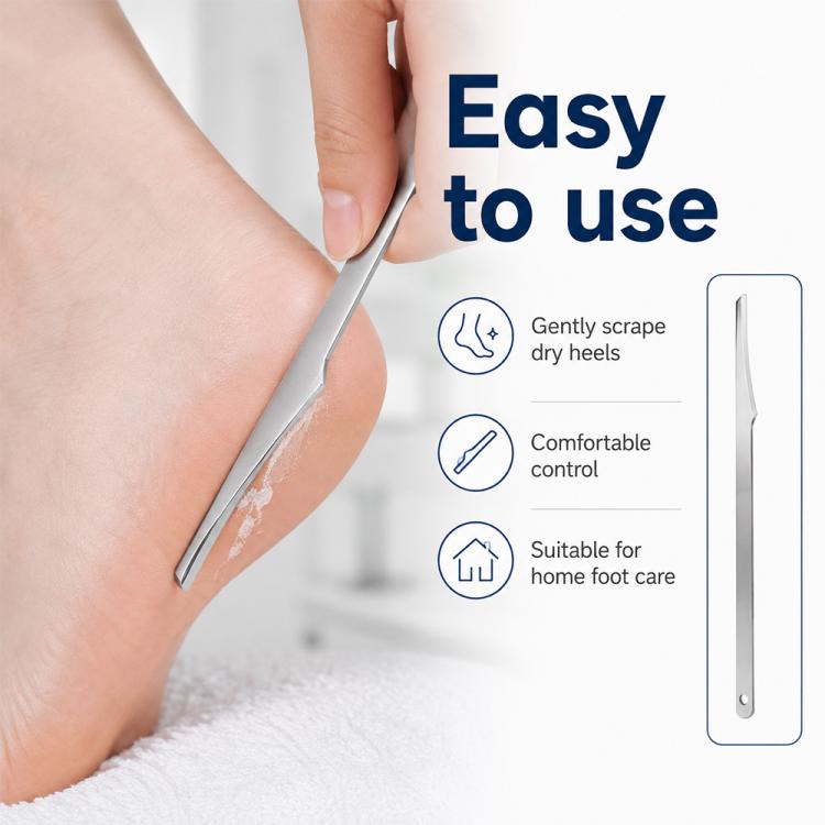 Stainless steel foot scraper in use against the foot with curved blade