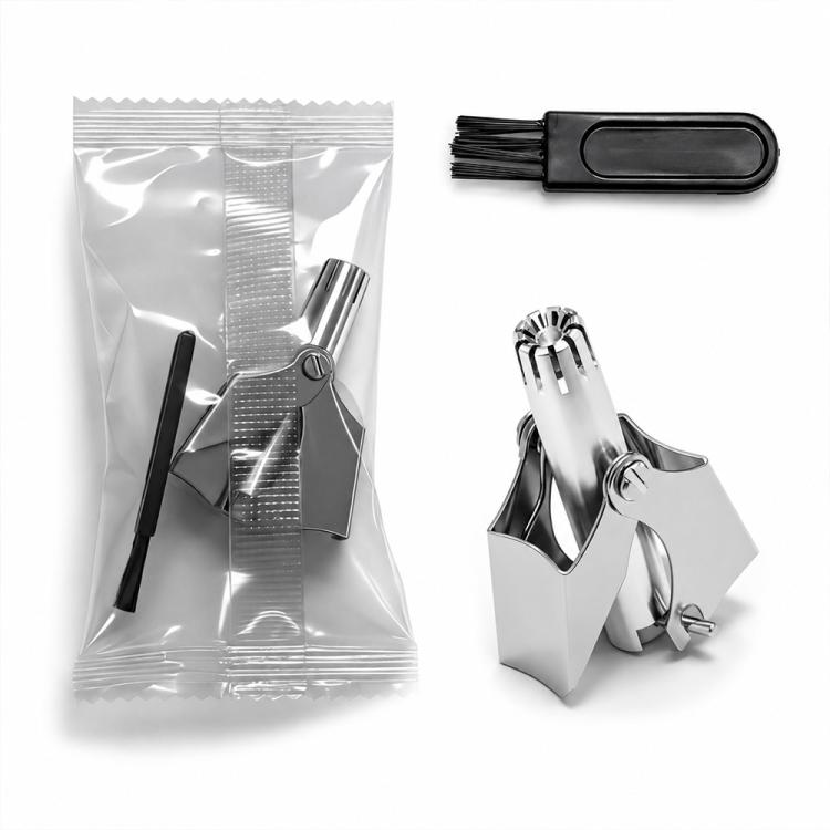 Travel grooming kit with stainless trimmer, folding holder, and black cleaning brush