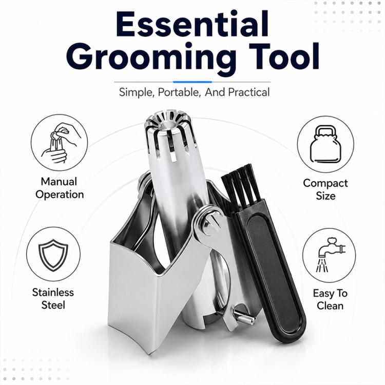 Manual nose hair trimmer set with stainless head, cleaning brush, and compact holder