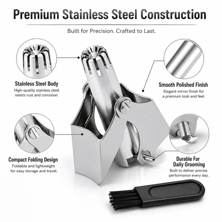 Premium stainless steel nose hair trimmer with smooth polished finish and folding holder