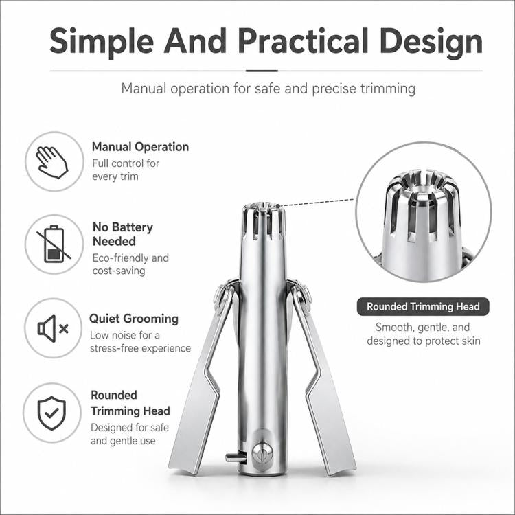 Manual nose hair trimmer with rounded trimming head and folded stand design