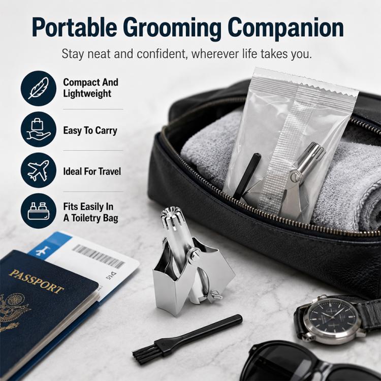 Portable nose hair trimmer kit in black zip case with storage bag and brush