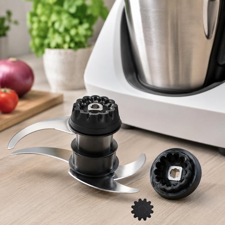 Food processor blade and black coupling adapter with metal square drive insert
