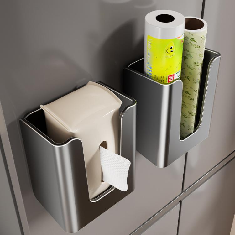 Gun metal wall-mounted tissue holder with open dispenser slot and tissue paper