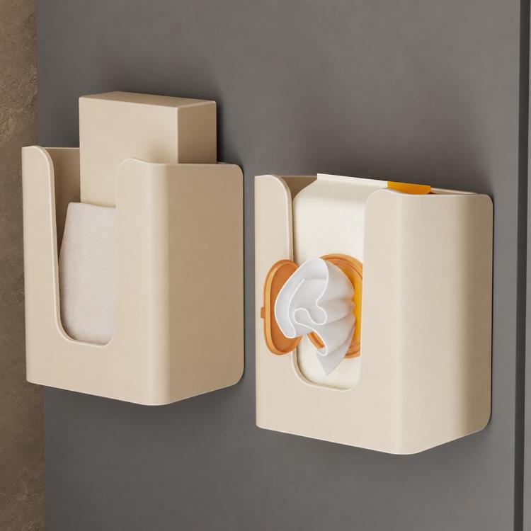 Milky white and gun metal wall-mounted tissue holders with dispenser flaps and tissues