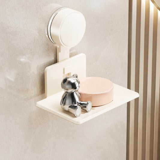 Cream wall-mount suction cup soap and sponge holder with drainable metal tray