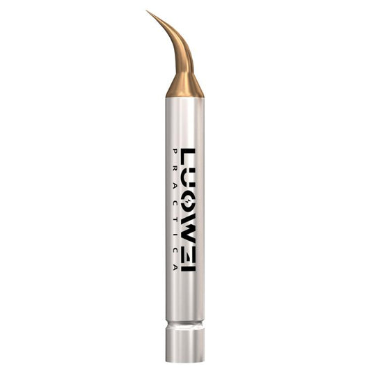 Soldering iron tip with gold conical point and elbow-shaped neck, silver barrel