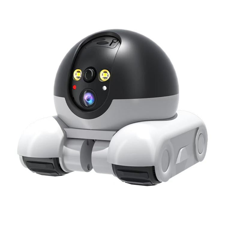 White and dark gray dual-lens pet monitoring robot camera with rounded dome front