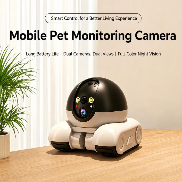White and dark gray dual-lens pet monitoring robot camera standing on rounded base