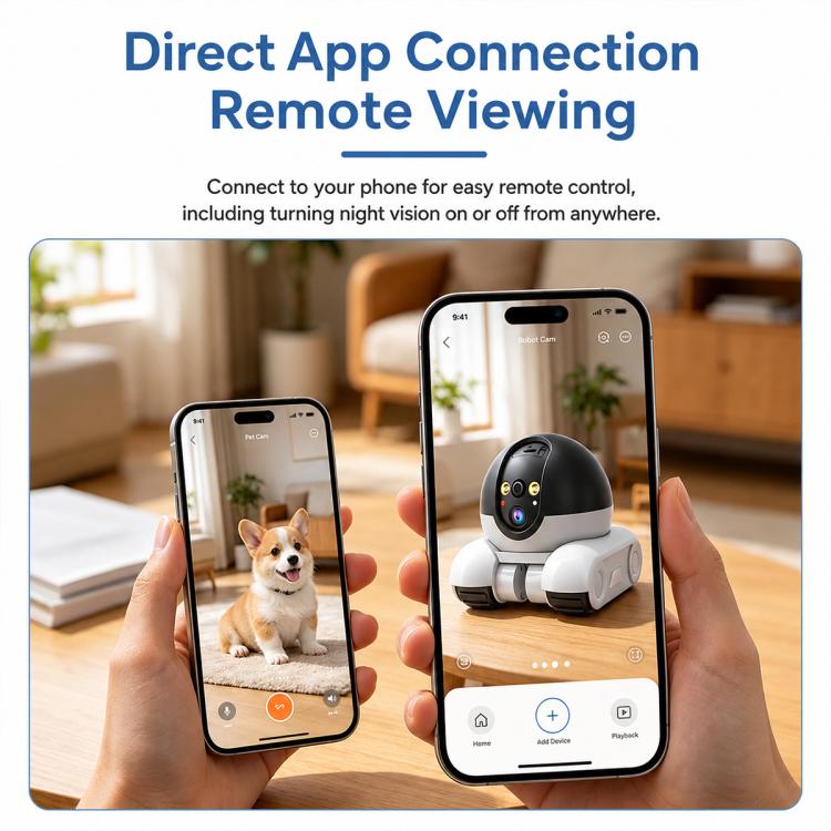 Smart mobile remote pet monitoring camera app view on two phones with robot icon
